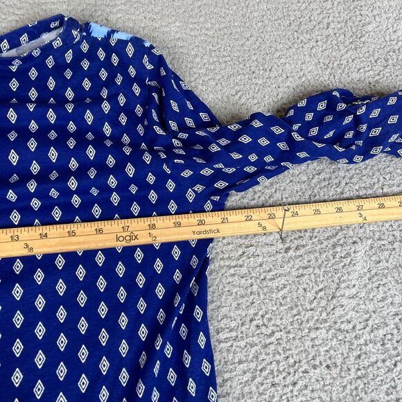 Chico's Blouse Womens 2 Blue Paisley Large Short Sleeve Roll Tab Pullover V Neck - Picture 7 of 10